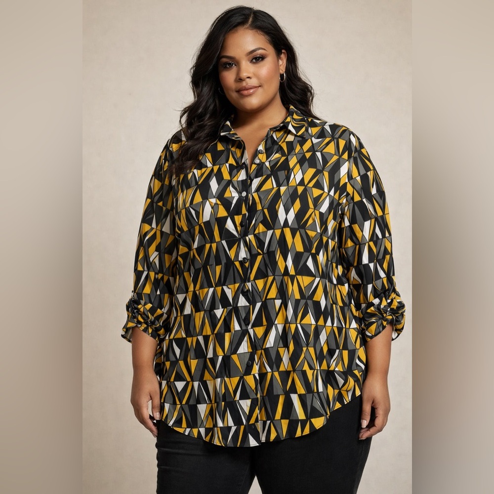 Ashley Stewart Geometric Prism Print Button Down Blouse Yellow Black Plus Size